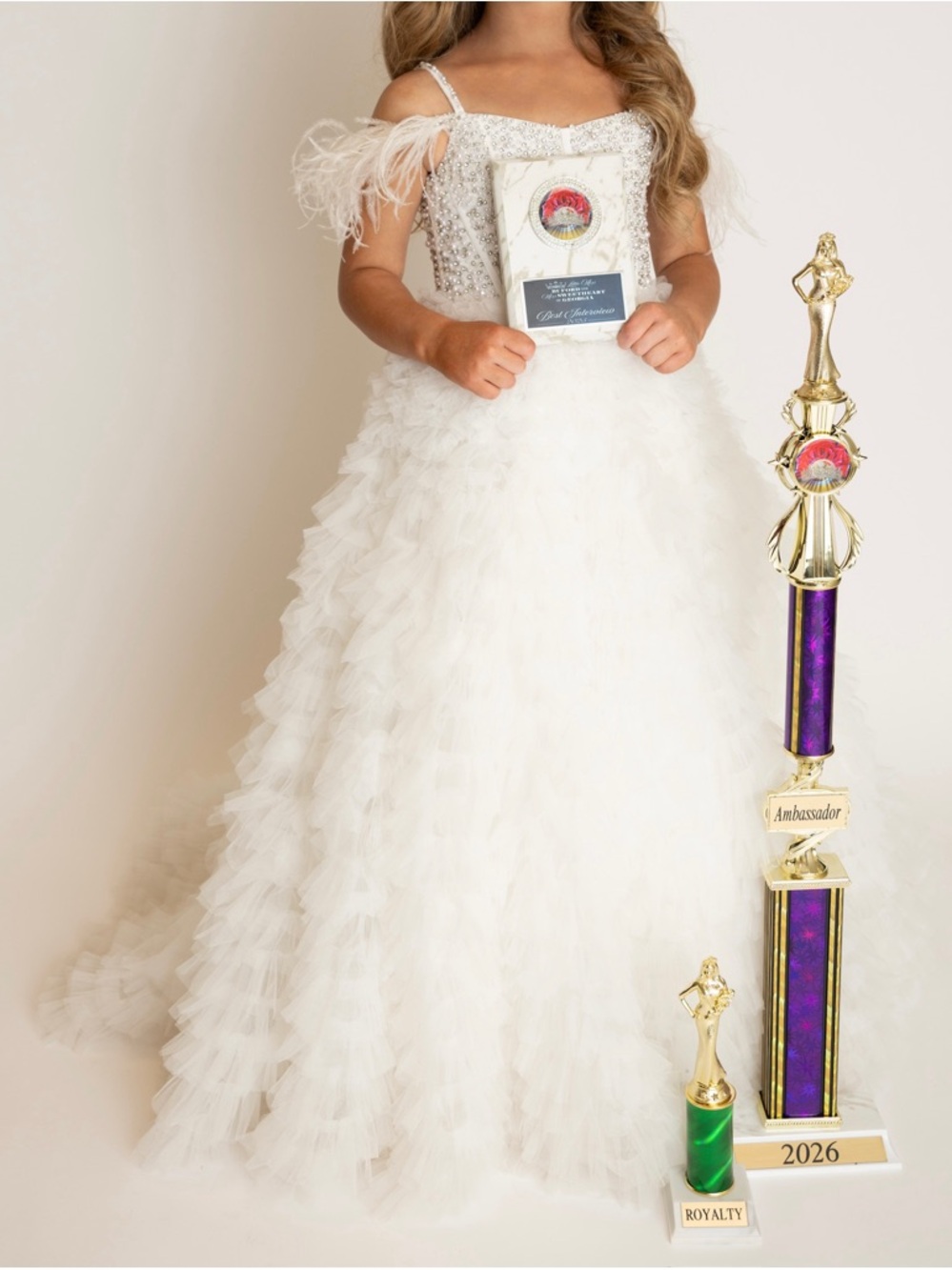 Sherri Hill White Halter Feather-Trim Pageant Formal Evening Gown - Girls Sz 6